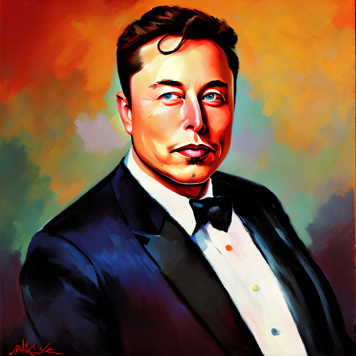 Vibrant stylized portrait of a man in tuxedo on orange backdrop