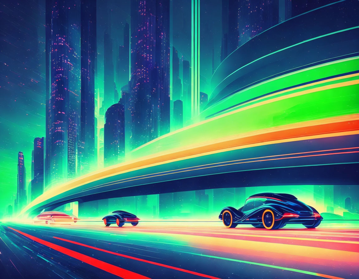 Vibrant neon futuristic cityscape with high-speed highway and towering skyscrapers