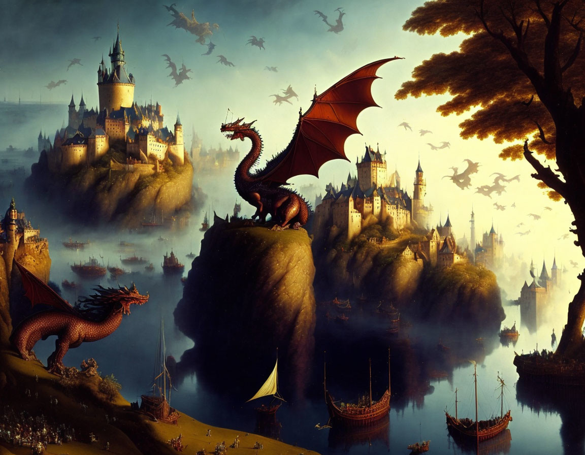 Fantastical scene with dragons, castle, ships, and birds at dusk