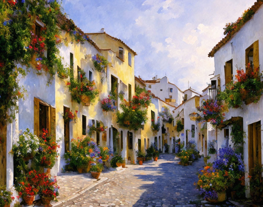 Quaint cobblestone street with white buildings and colorful flowers