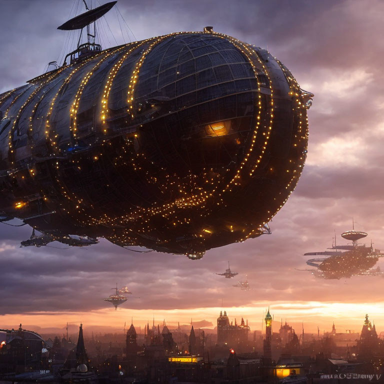 Steampunk cityscape with grand airship and flying vessels at dusk