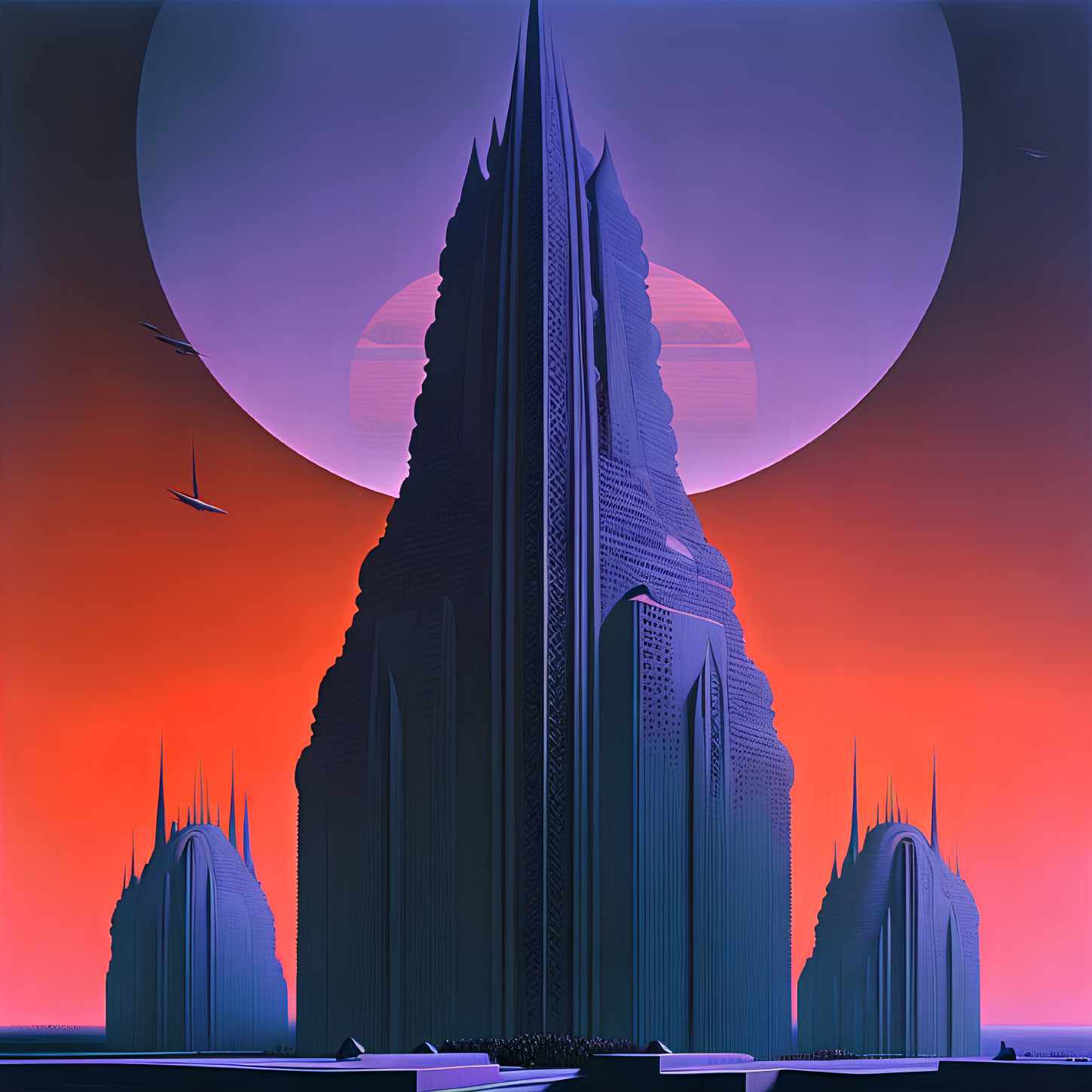 Futuristic cityscape with tall skyscrapers under purple-orange sky