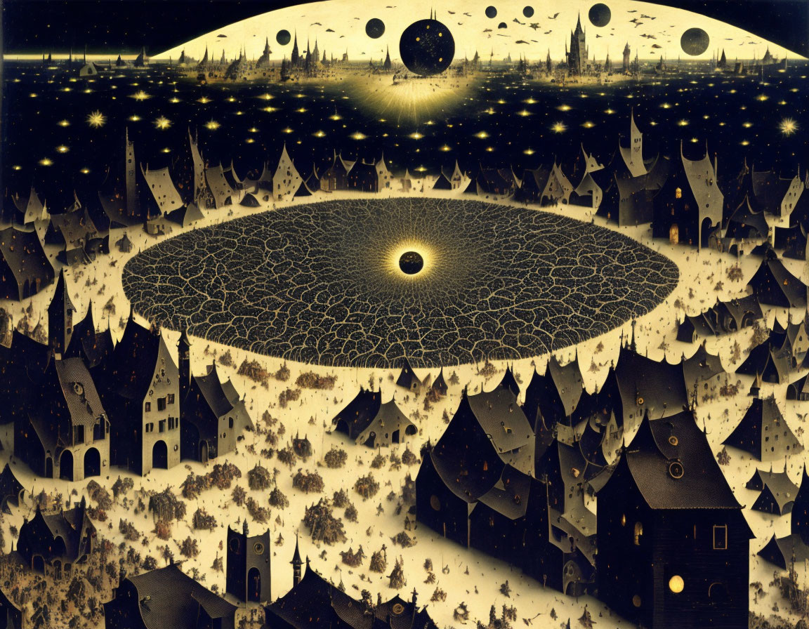 Surreal landscape with circular void, houses, and moon-like spheres