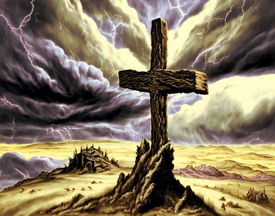 Desolate landscape with large wooden cross and stormy sky