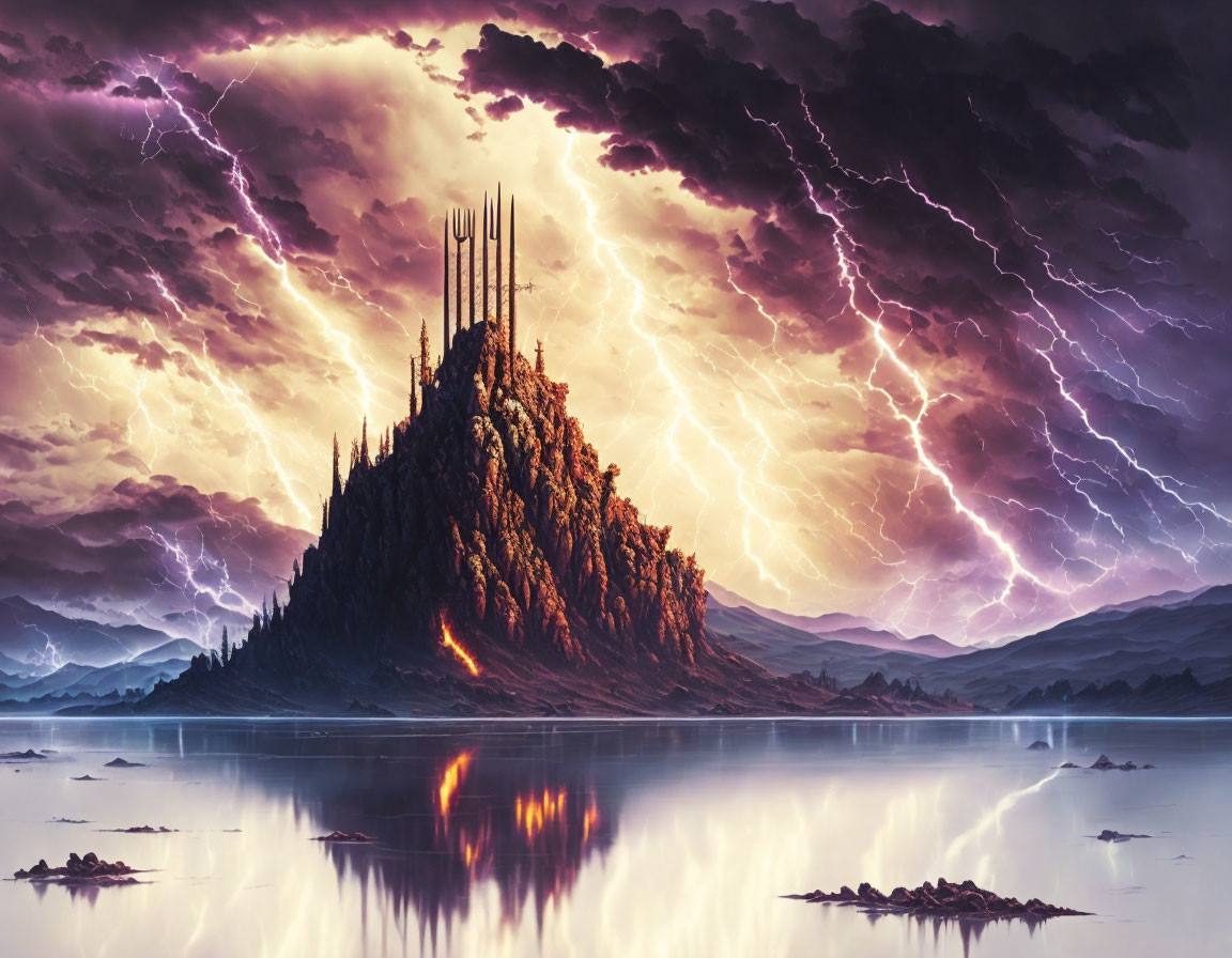 Majestic castle on rugged peak in fiery storm, mirrored in serene lake