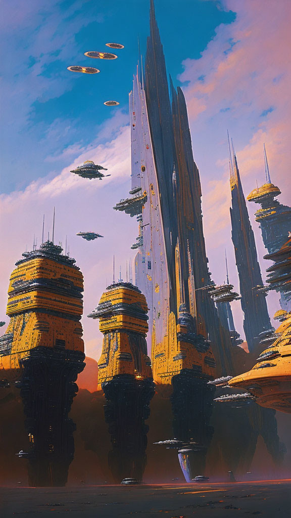 Futuristic cityscape with tall spires and floating vehicles in hazy sky