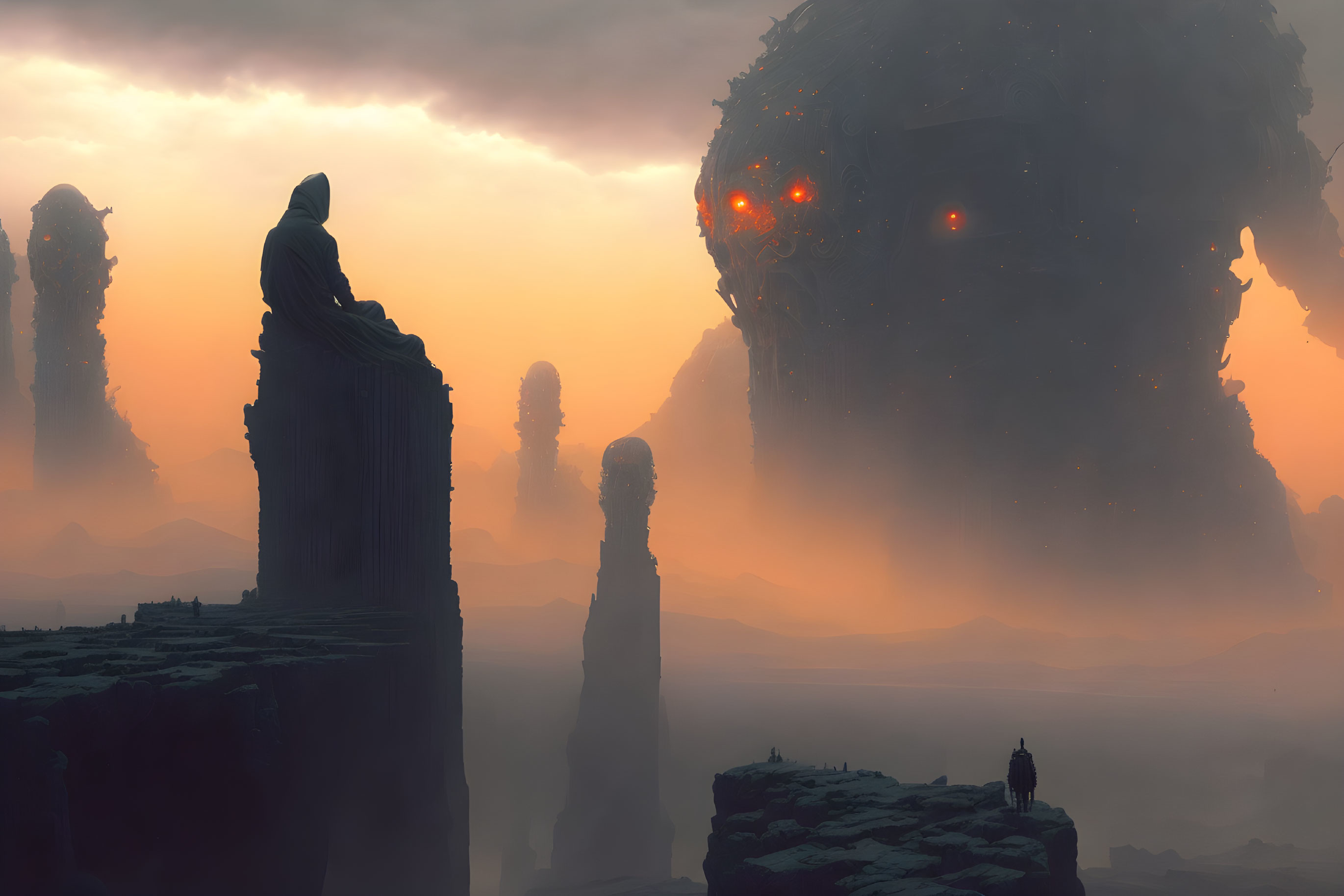 Cloaked figure on rock pillar gazes at misty landscape with giant glowing-eyed robot.