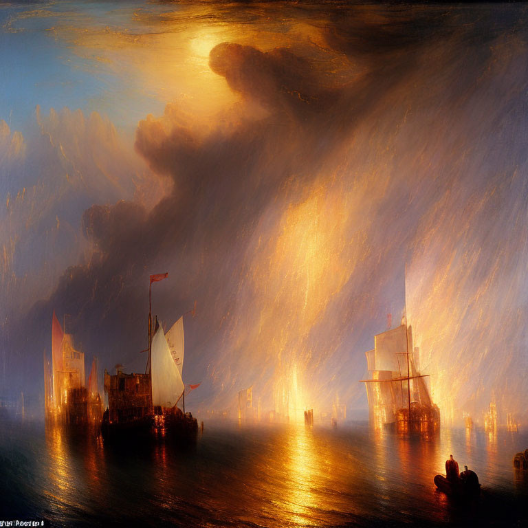 Maritime scene with golden light piercing storm clouds.