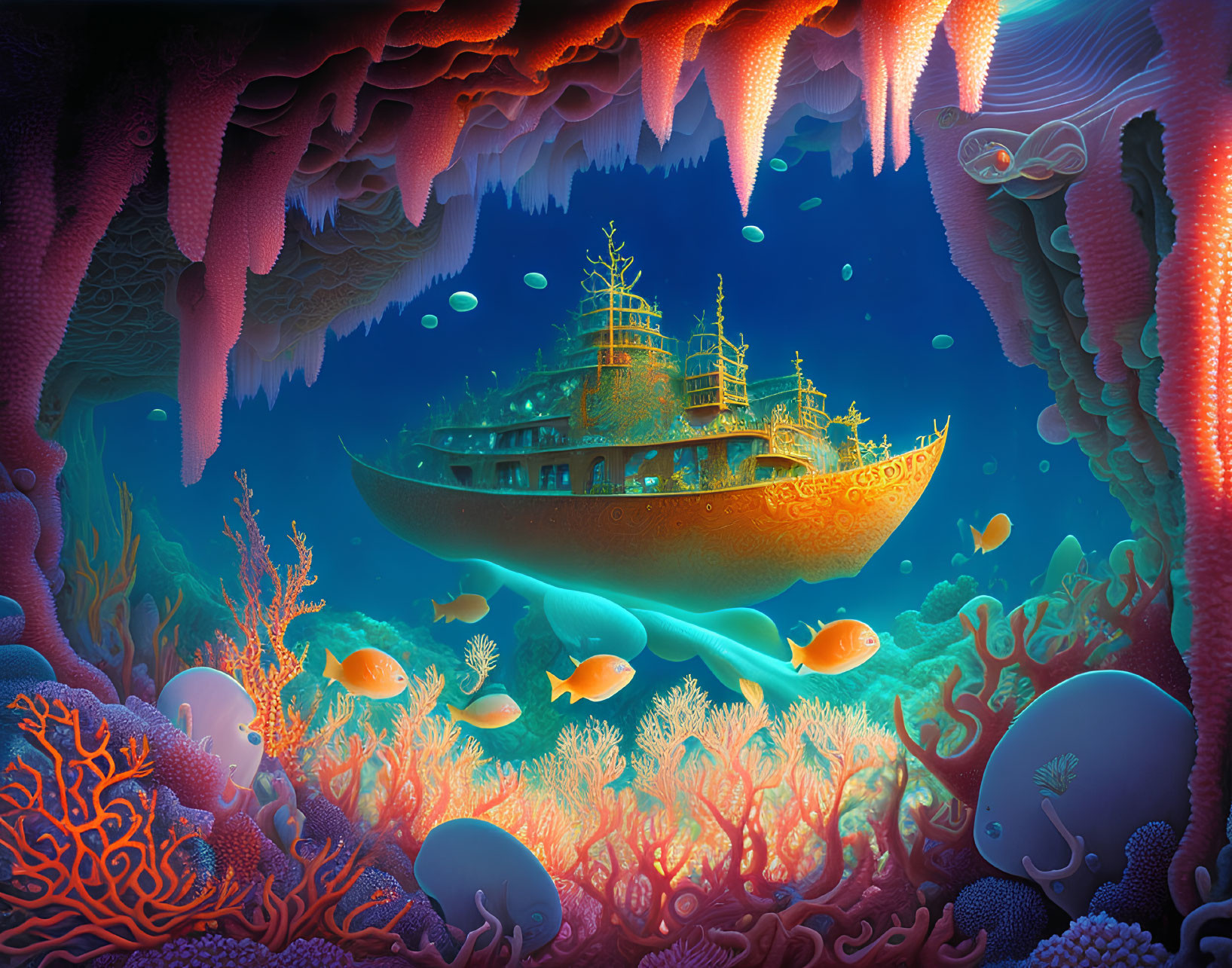 Colorful Fish and Sunken Ship in Vibrant Underwater Scene