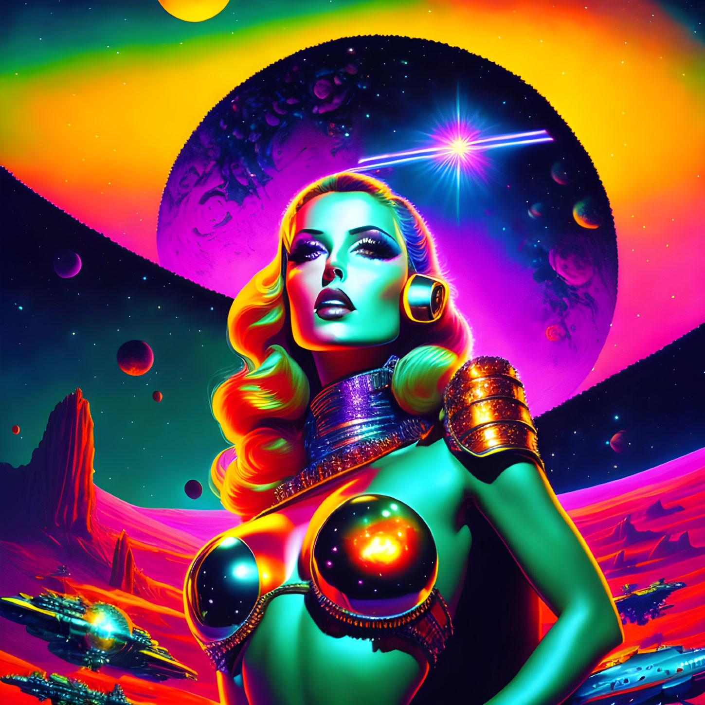 Colorful space-themed artwork: stylized woman in futuristic attire with vibrant hair, planets, neon hues