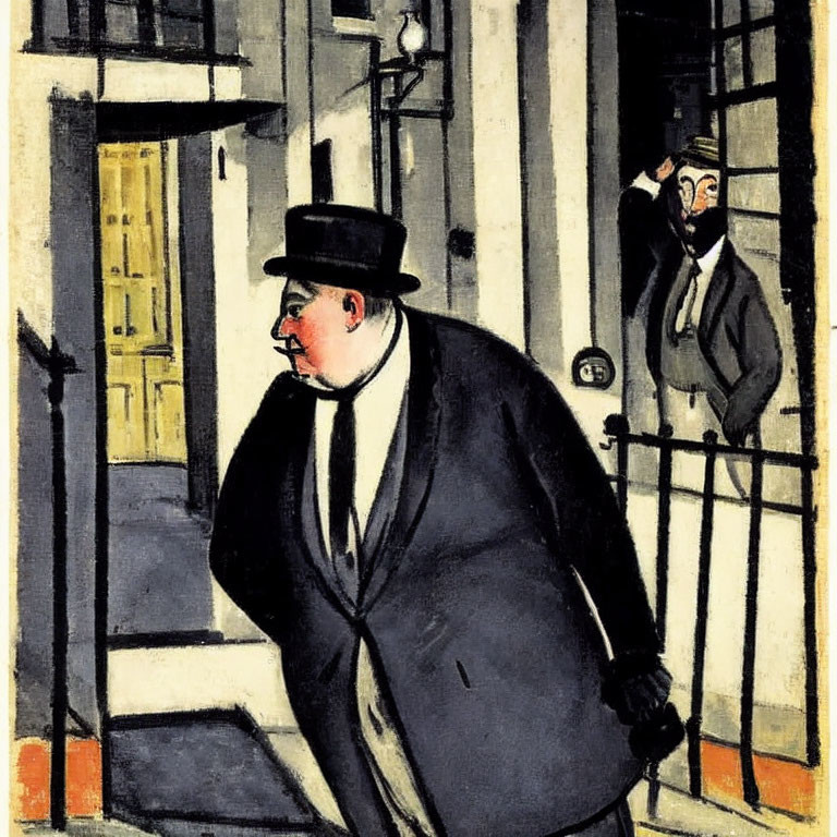 Two men in bowler hat and coat sneaking by a house, one peeking around a door