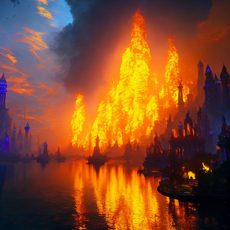 Fantasy cityscape with towering flames and silhouetted spired buildings