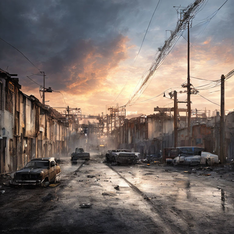 Desolate urban street at sunset with dilapidated buildings and abandoned cars