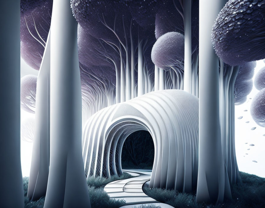 Surreal forest scene with white trees and futuristic ribbon structure