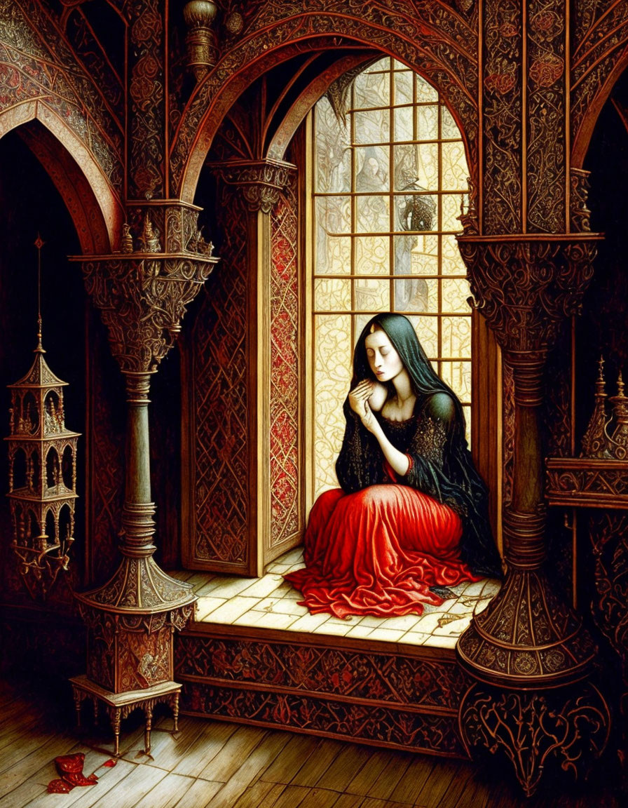 Woman in dark dress sitting on red cushion in detailed Gothic interior with warm light.