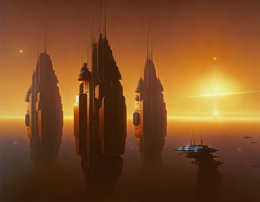 Towering futuristic structures in orange haze with distant light