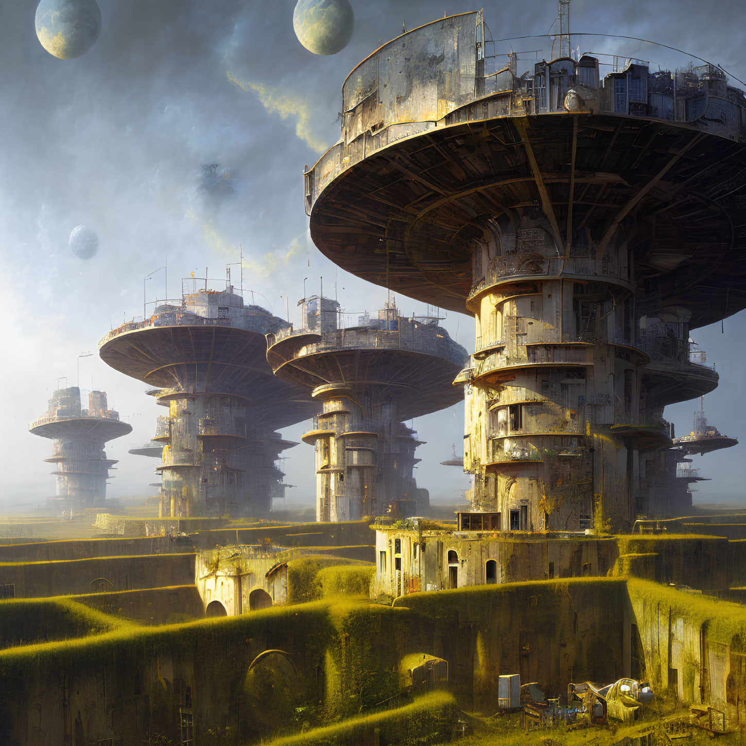 Futuristic towering structures amidst ruins and floating orbs