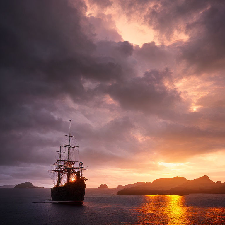 Tall ship sailing at sunset with vibrant clouds and reflections in calm sea.