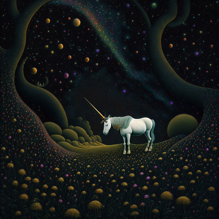 Mystical forest scene with unicorn, planets, and flowers