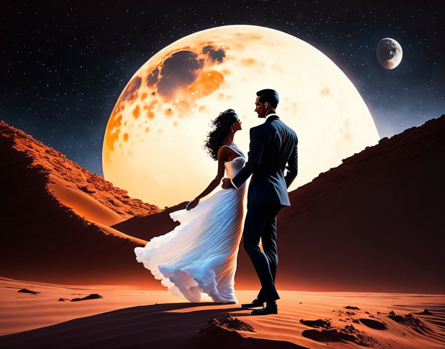 Couple in formal attire under orange moon in desert landscape