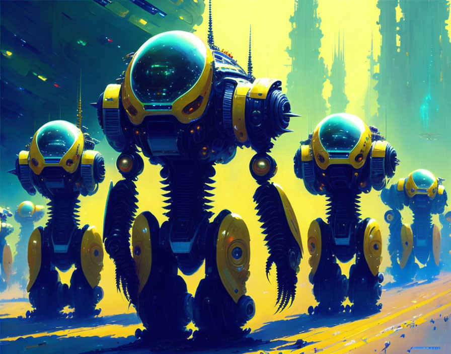 Futuristic robots with glass cockpits on spider legs in vibrant sci-fi setting