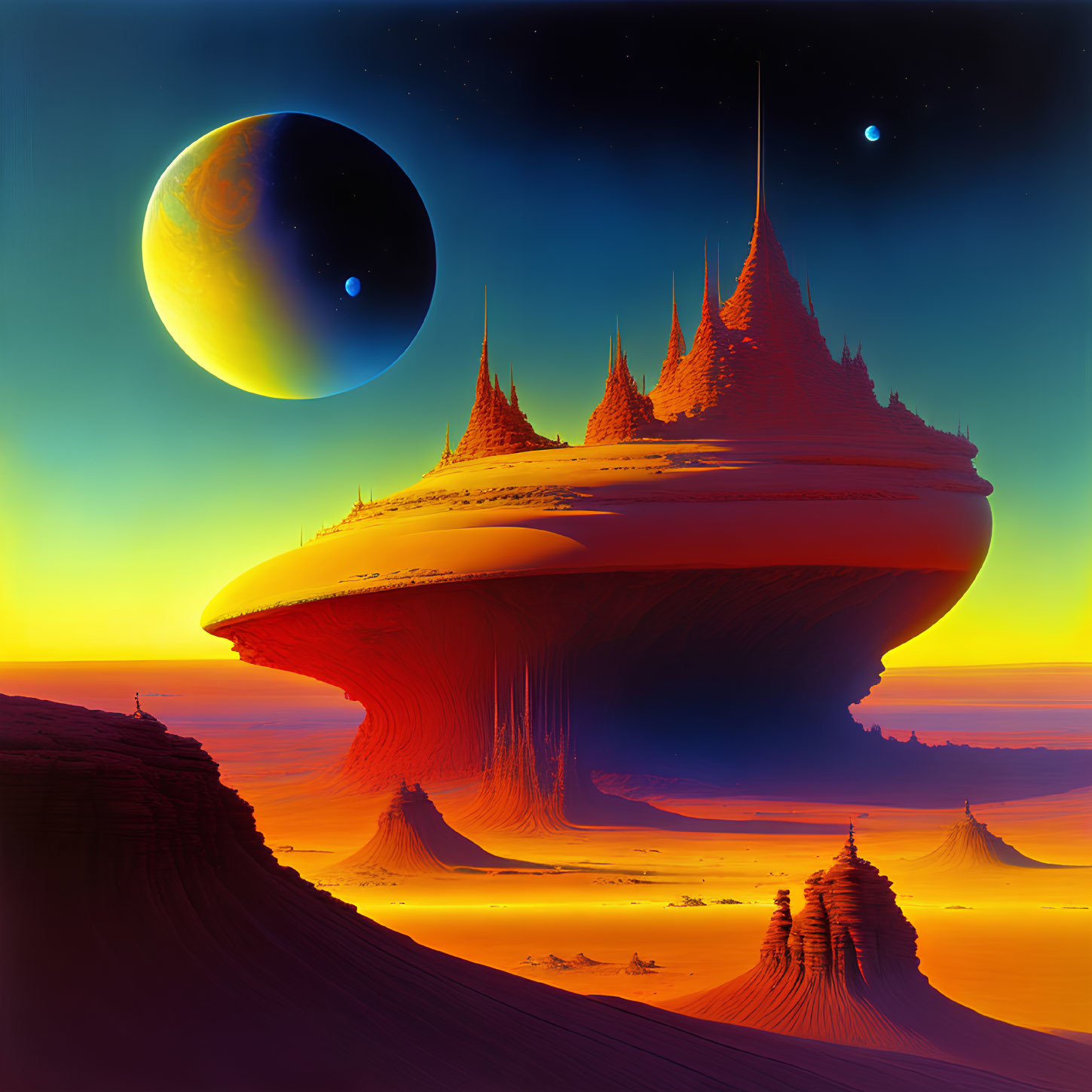 Sci-fi landscape with floating rocks, moon, starry sky, and sunset gradient