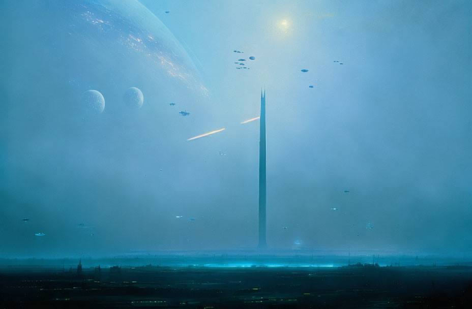 Futuristic cityscape with towering spire under celestial body