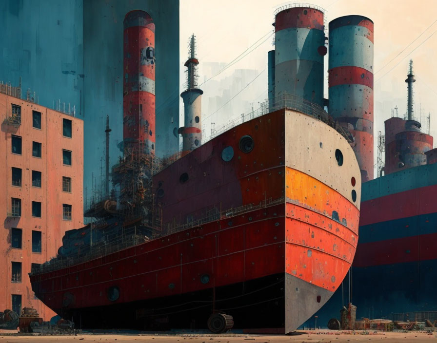 Abandoned industrial ships and buildings in a dystopian setting