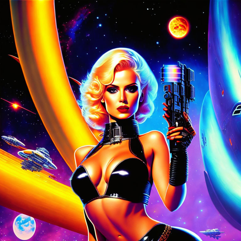 Illustration of woman in retro-futuristic attire with ray gun in cosmic setting