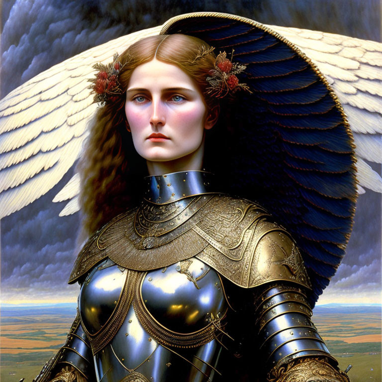 Armored figure with wings and serene expression, red floral hair accents