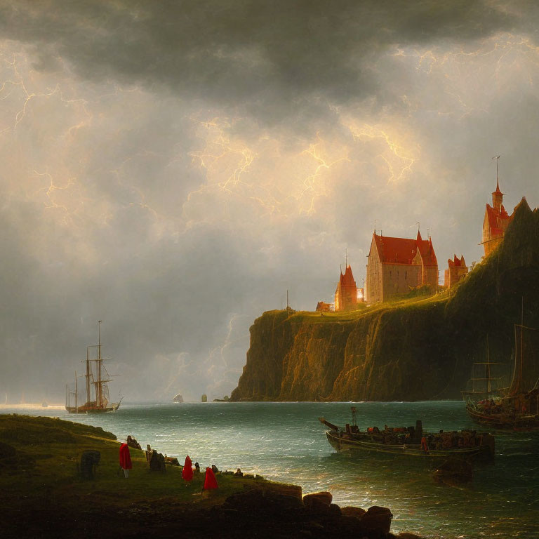 Stormy seascape with castle, ships, figures in red cloaks, and lightning