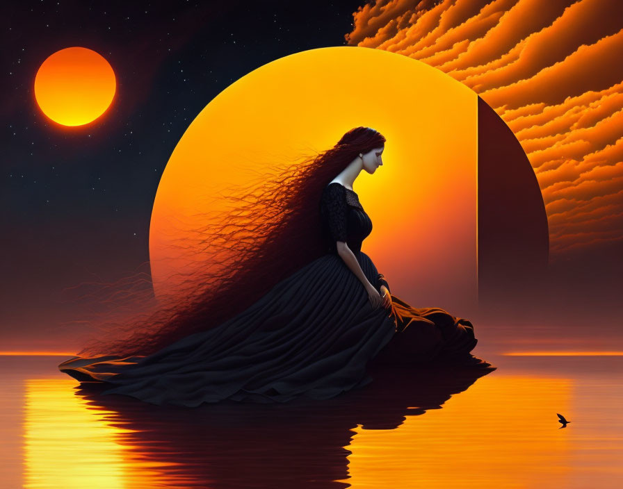 Surreal image: Woman in flowing dress with sunset landscape, sun and clouds reflecting on water.