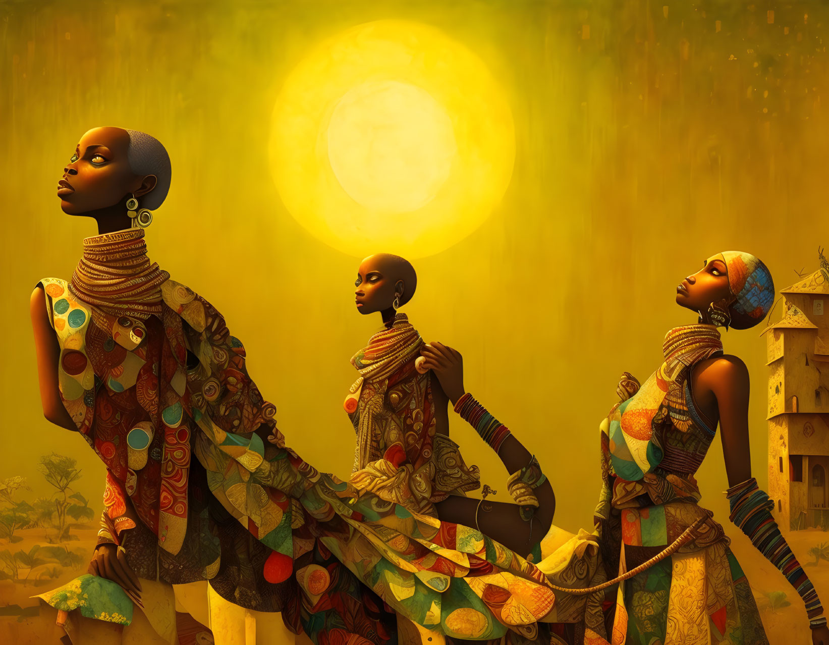 Colorful Stylized Figures Against Golden Sunset Backdrop