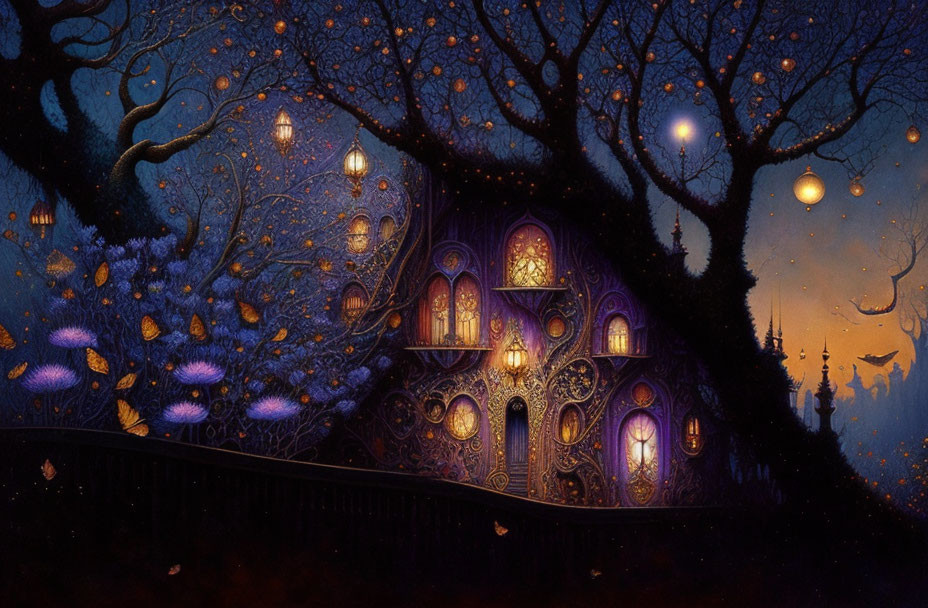 Whimsical fantasy artwork of ornate house in twilight landscape