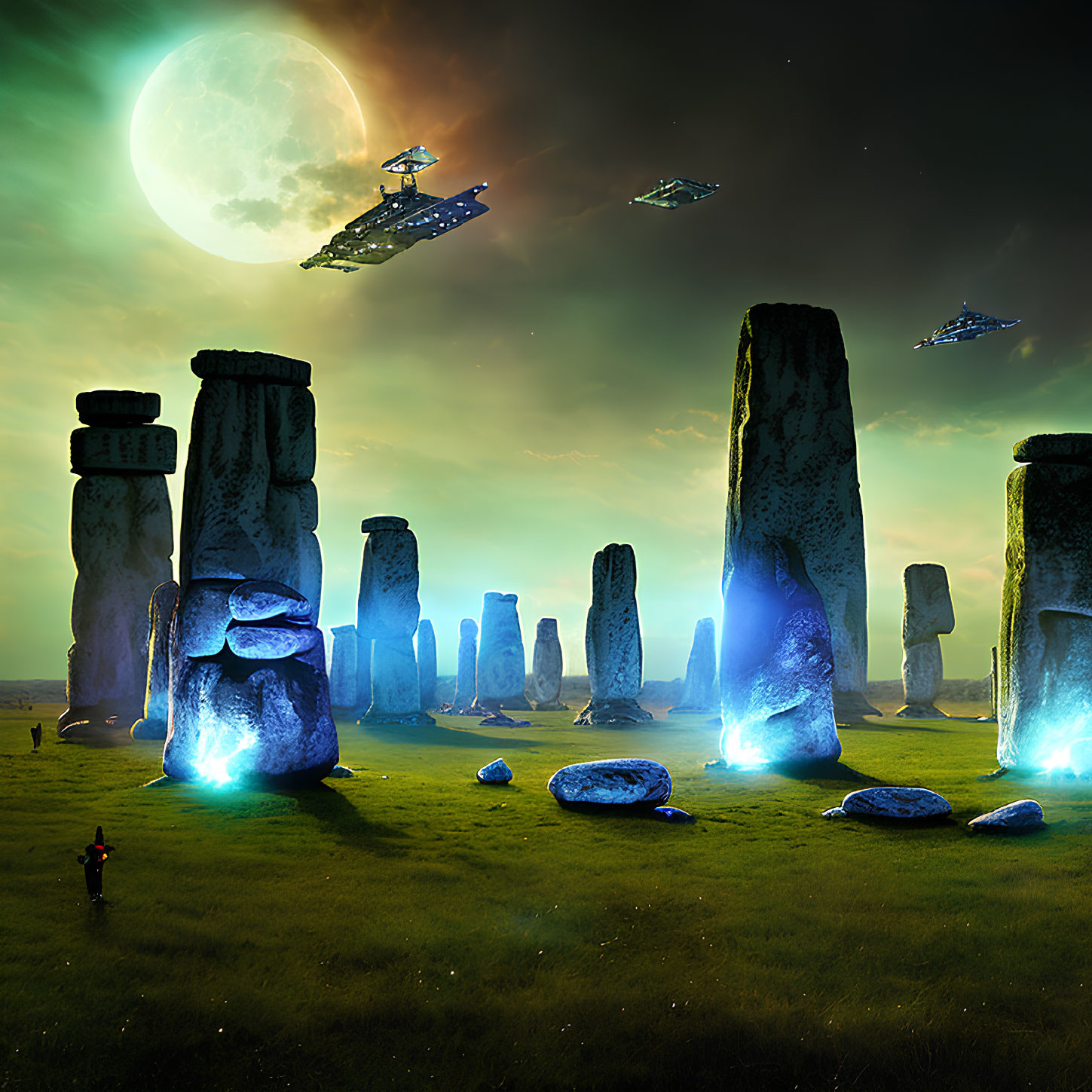 Fantasy Stonehenge with glowing blue stones and futuristic ships