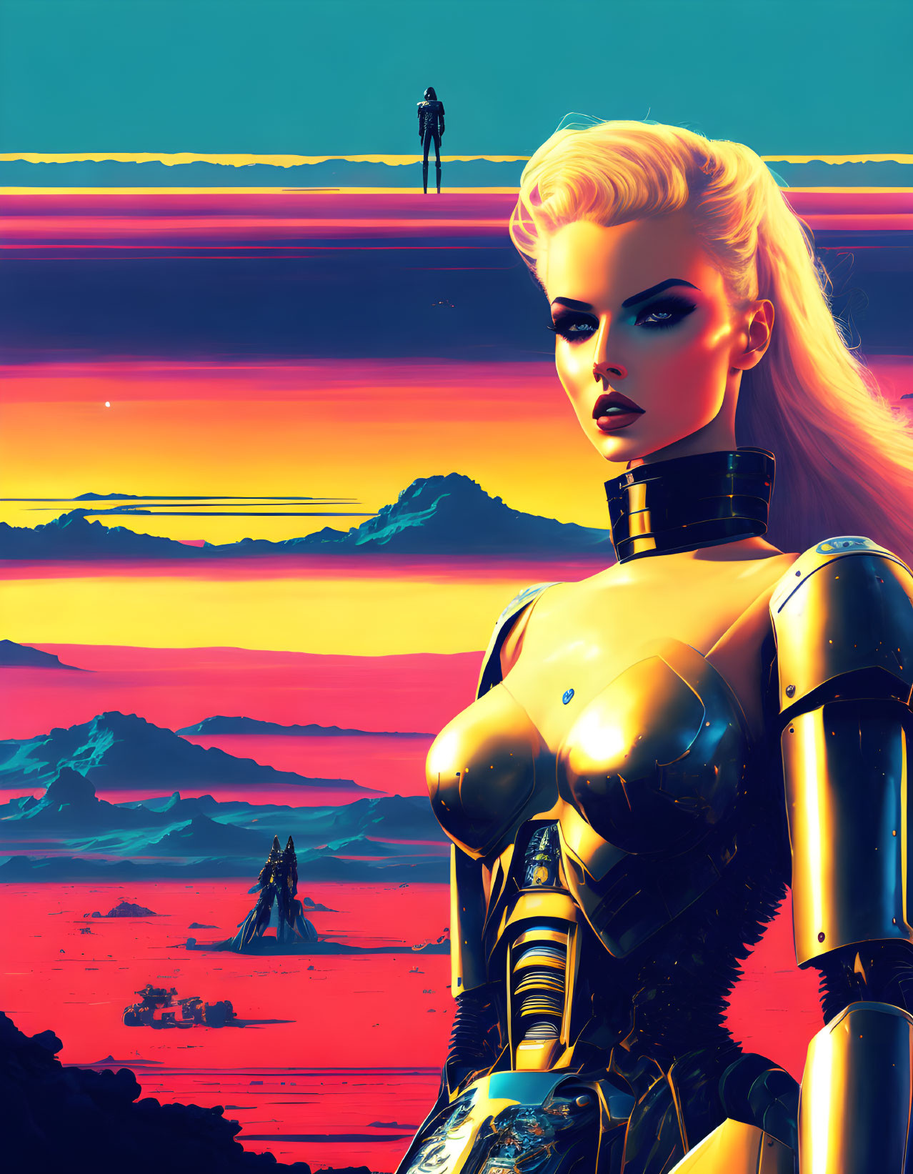 Female Android in Golden Armor at Sunset on Alien Landscape