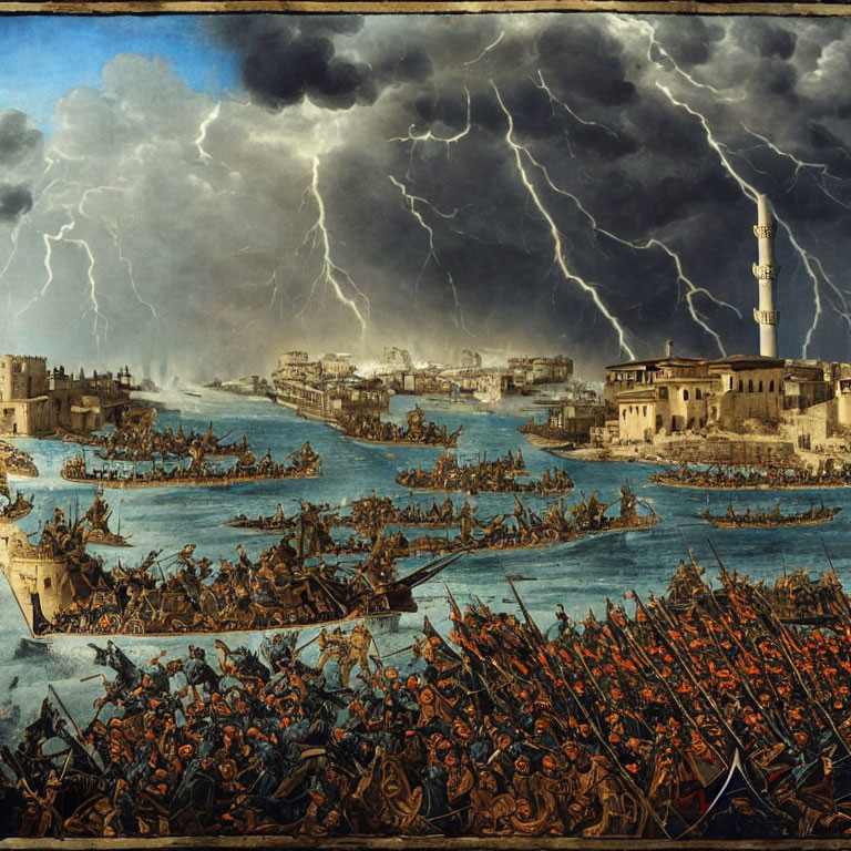 Historical battle scene at sea with soldiers fighting under stormy skies near coastal city tower