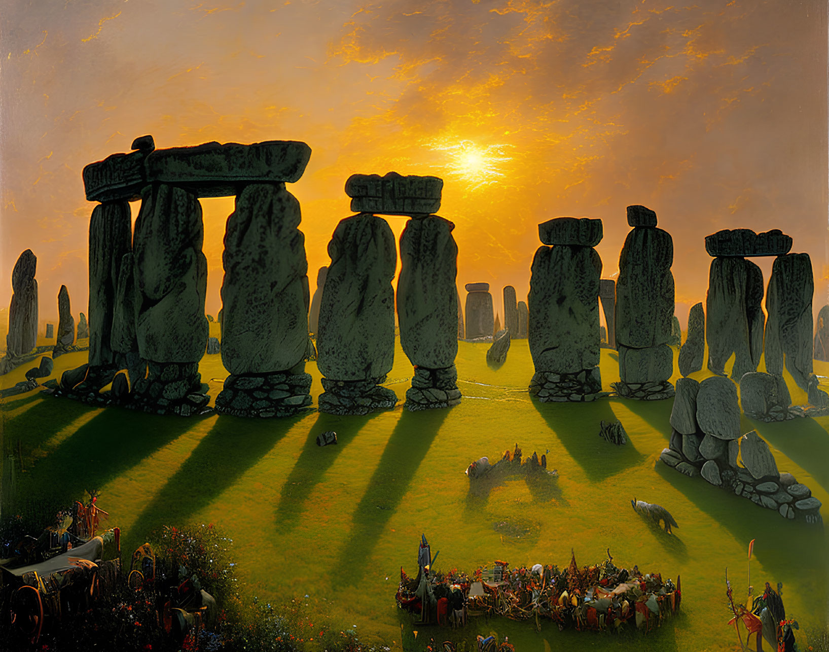 Stonehenge artwork: Vibrant sunset, historical figures, long shadows