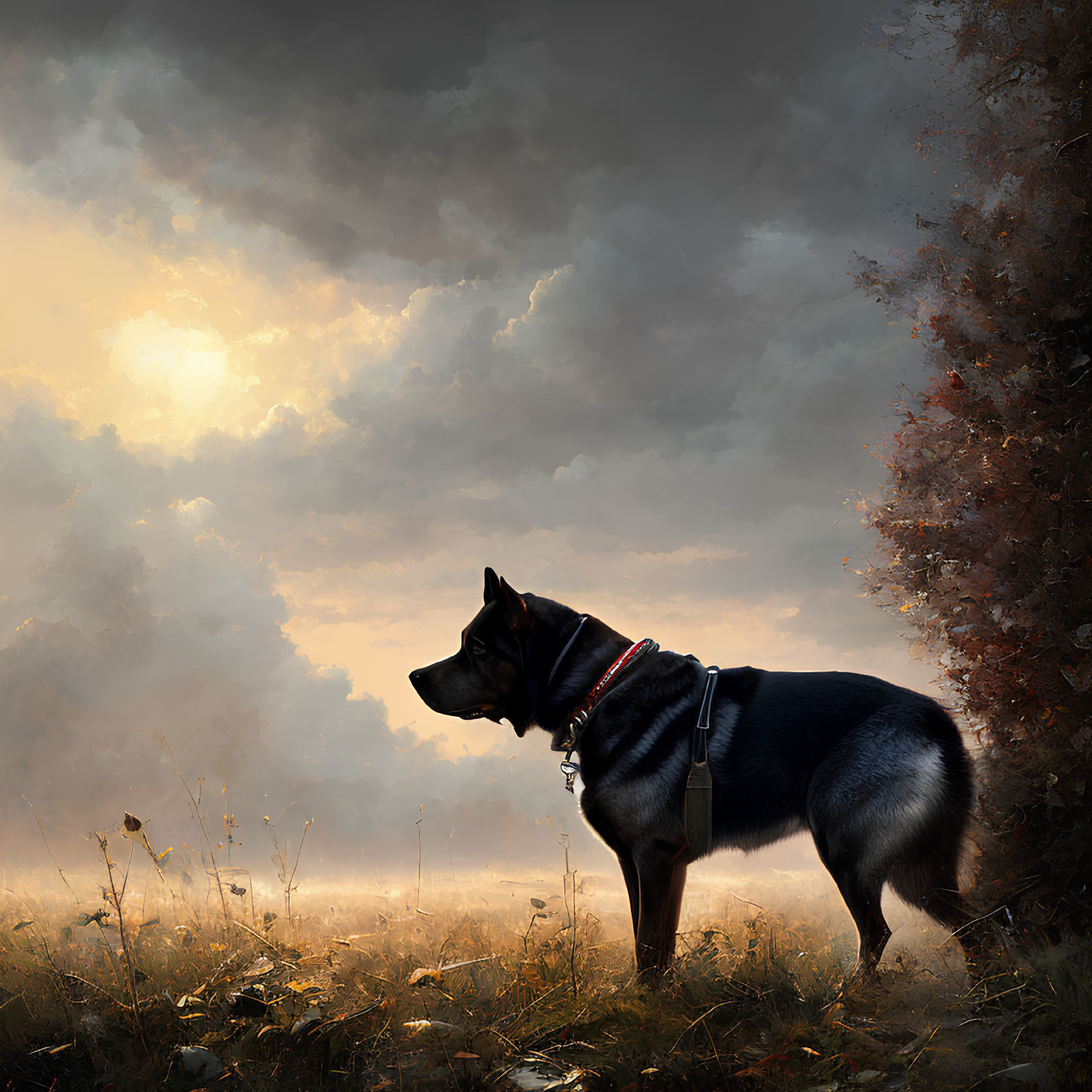 Black dog in misty field at dusk with sunlight through autumn trees