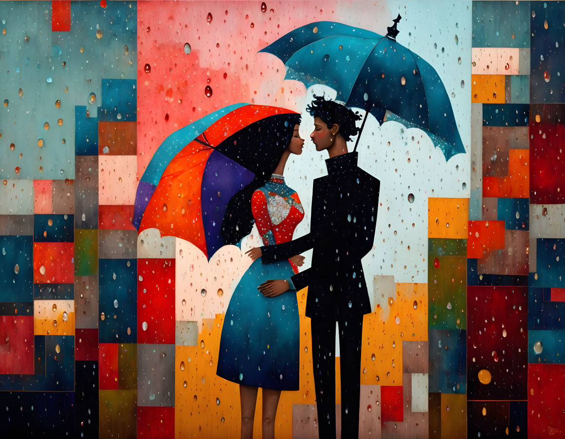 Vibrant Couple Embracing Under Umbrellas in Rainy Scene