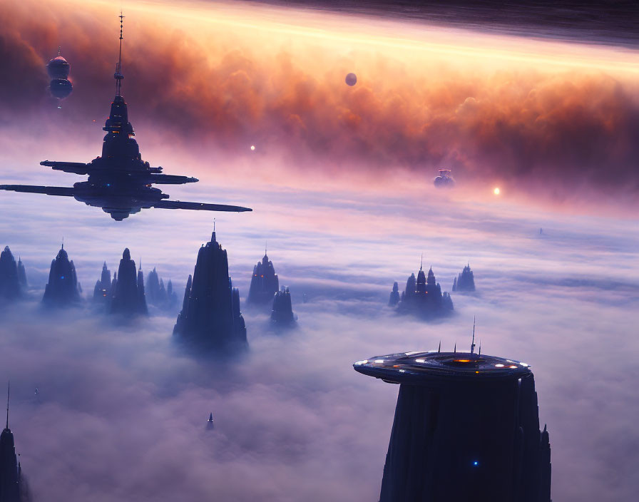 Futuristic city skyline with skyscrapers, spaceship, and purple sky