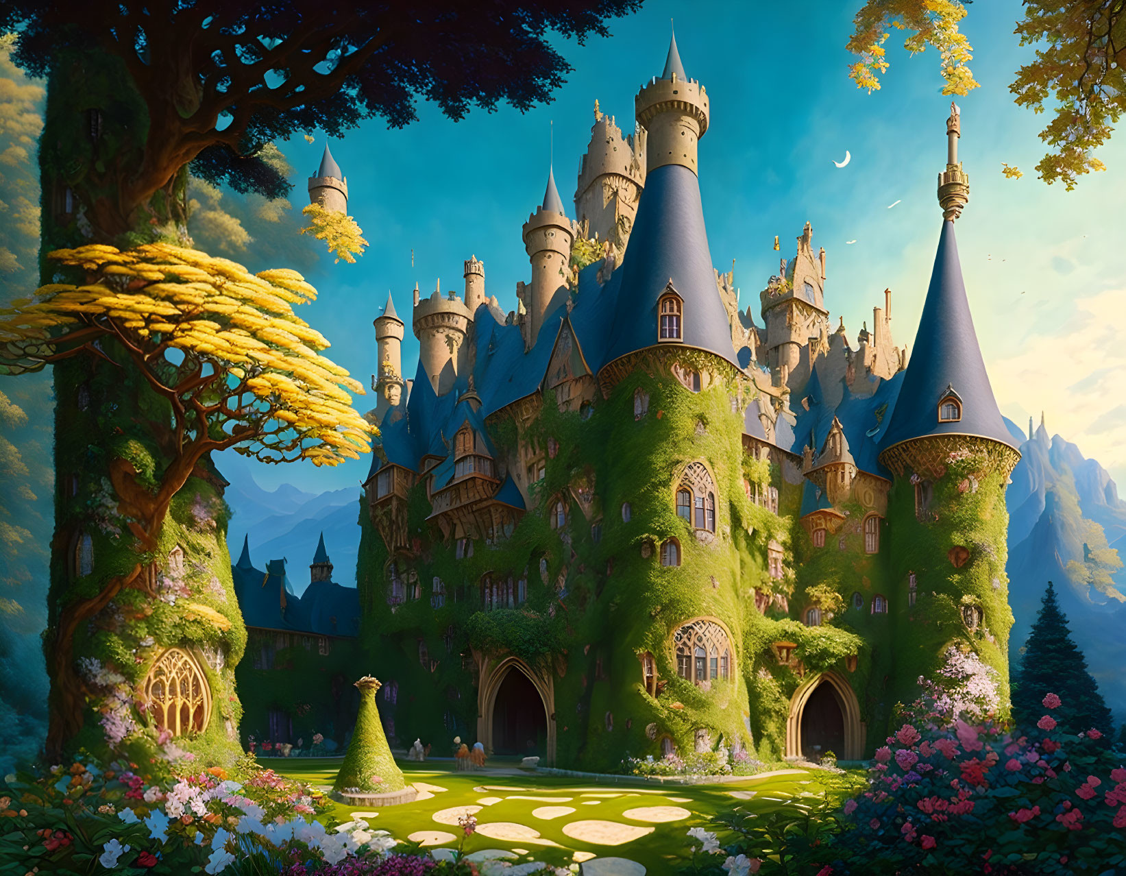 Majestic castle covered in ivy in vibrant magical forest