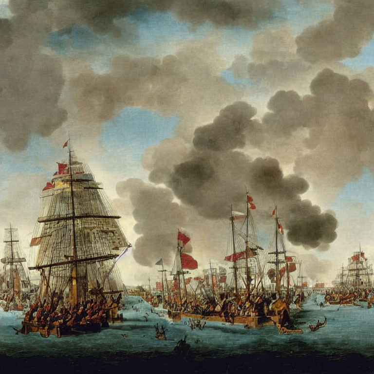 Maritime painting of tall ships in battle on calm seas