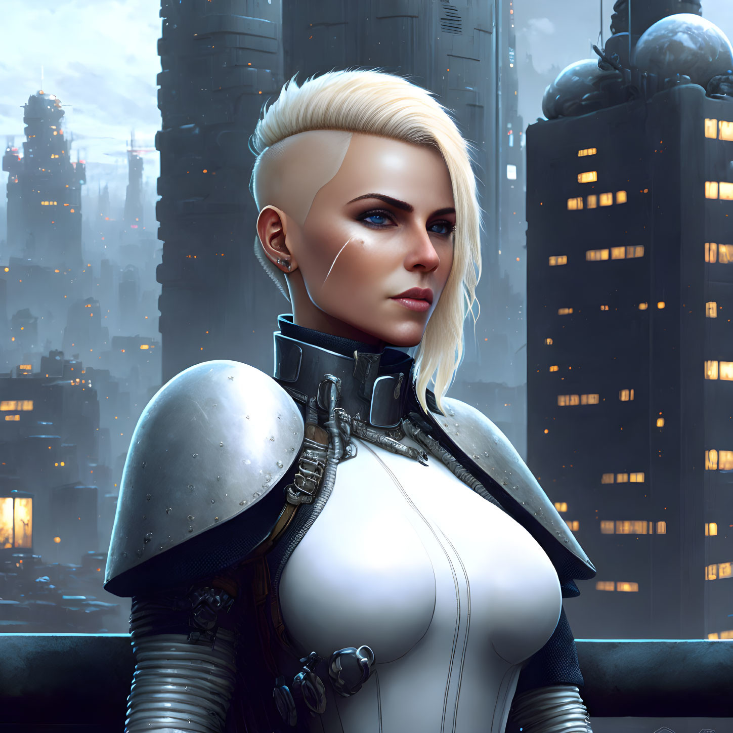 Blonde undercut woman in futuristic armor against cityscape at dusk