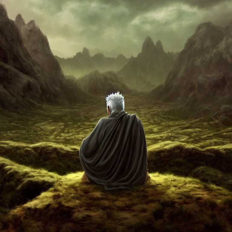 White-Haired Figure in Dark Cape Amidst Gloomy Landscape