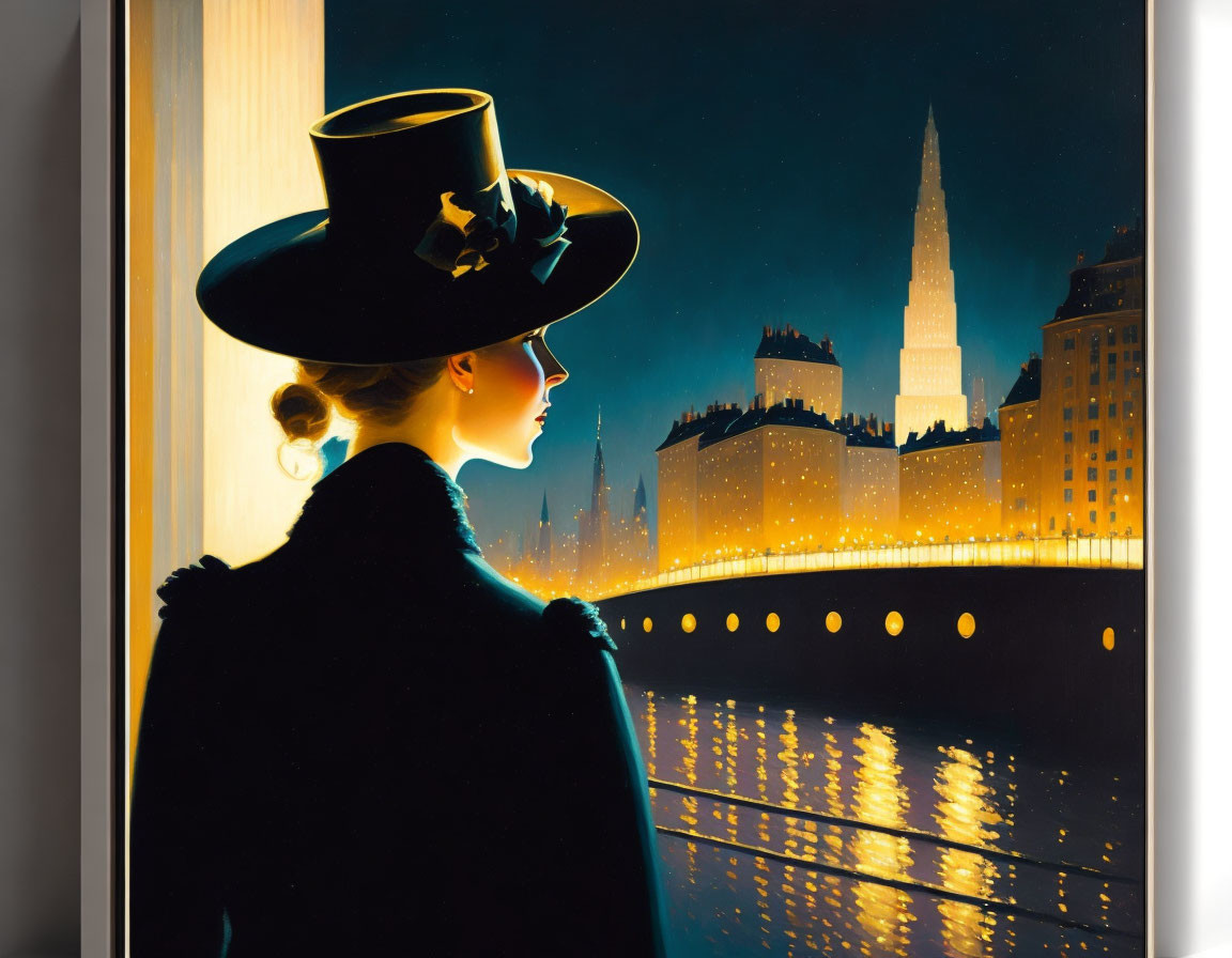 Woman in vintage hat and coat admires cityscape and bridge at night