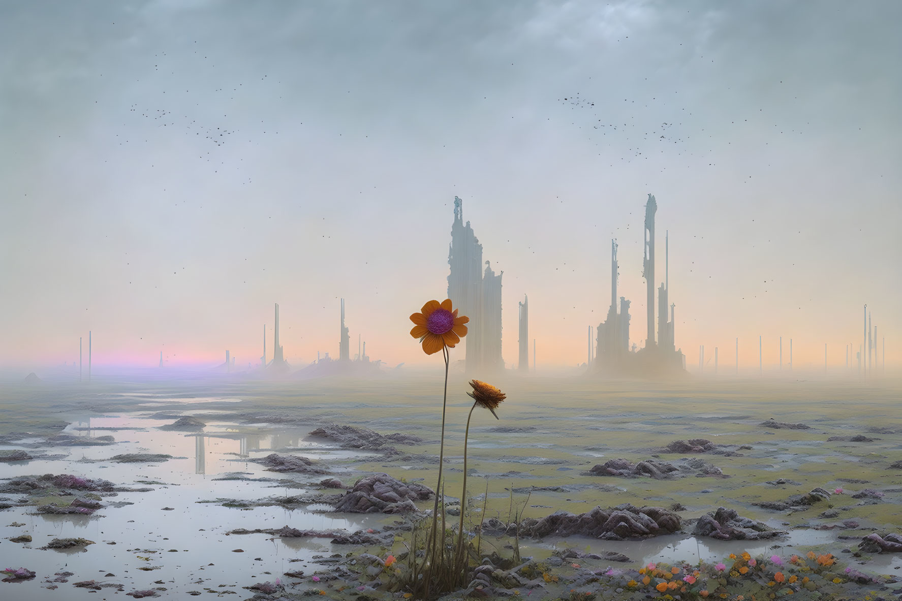 Tranquil landscape with vibrant flower, reflective water, and distant industrial towers