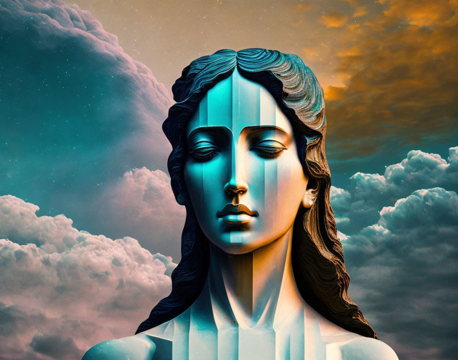 Digital artwork: Dual-faced female statue against dramatic sky