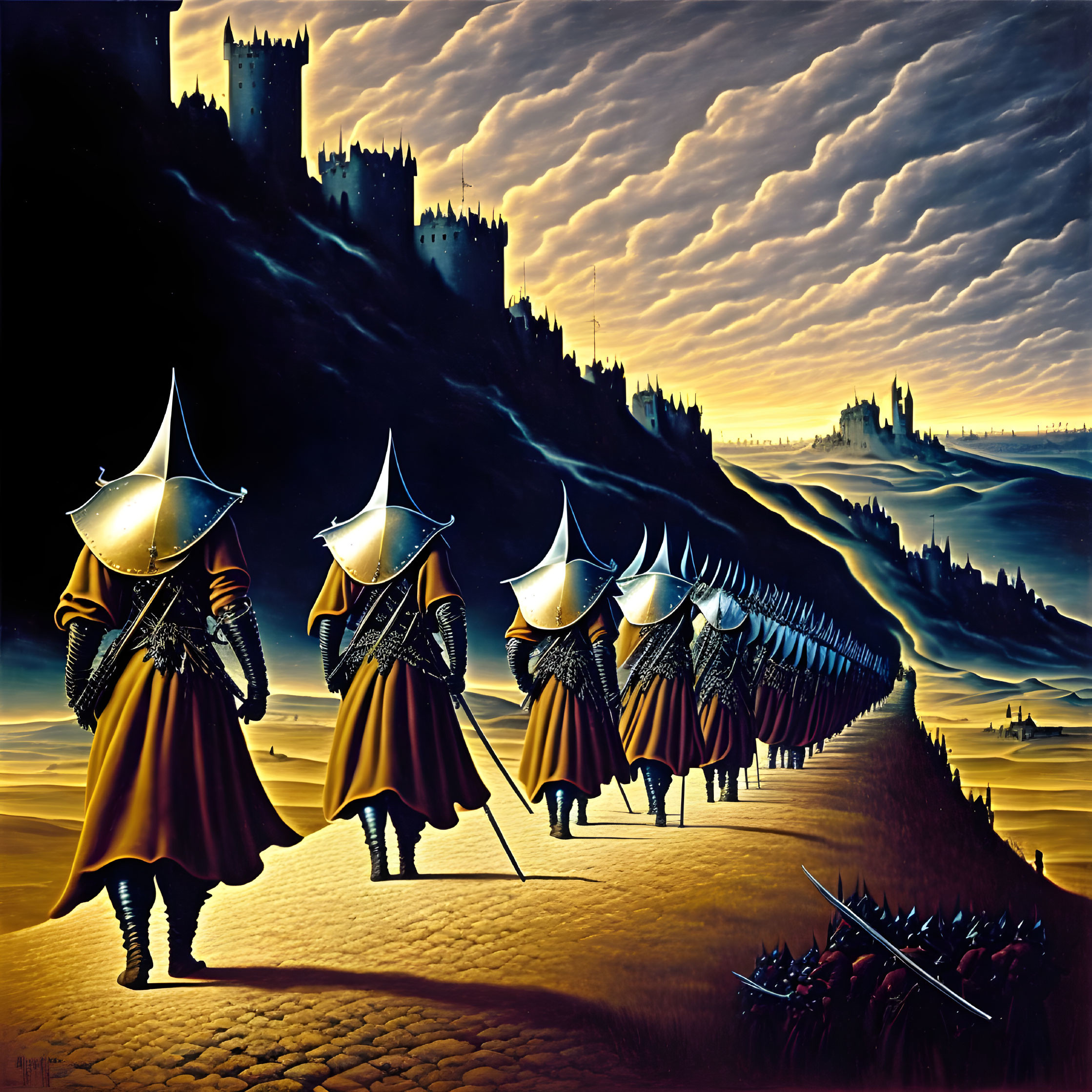Surrealist painting: Armored figures marching to castles under cloudy sky