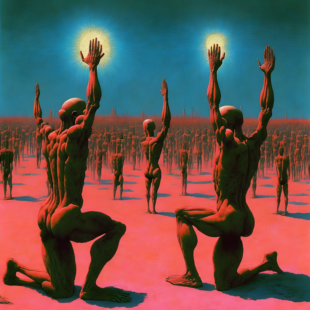 Surreal illustration: humanoid figures with glowing hands in red landscape